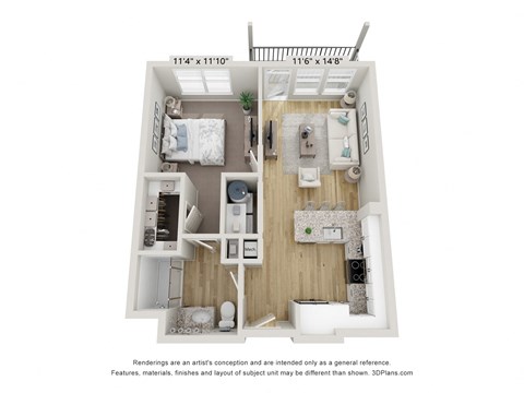 Floor plan for 1 bed, 1 bath, 615 sqft